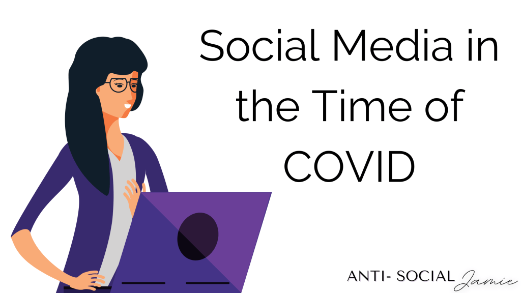 A woman with dark hair and glasses looking at a laptop, the words "Social Media in the Time of COVID" written across the graphics