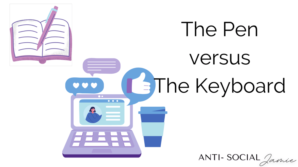 a notebook with a pen in the top right corner, while a laptop rests open. A cup of coffee rests next to the laptop